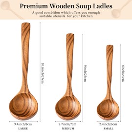 Gudamaye 3 Size Wooden Soup Ladles Set,3 Hooks for Bowl,Pot. Natural Teak Wooden Ladle,10.6 inch Big Soup Ladle, 9 inch Serving Spoon & 8 inch Wood Ladles for Cooking,Teak Deep Ladle Spoons