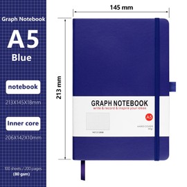 HIJYOO A5 Graph Paper Notebook, Squared Notebook 200 Pages A5 Hardback Notebook with Pen Loop, and Inner Pocket, for Office School Home Business Writing & Note Taking (Blue)