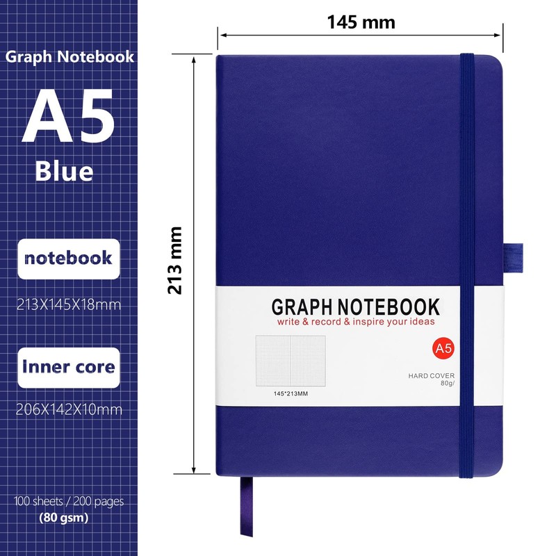 HIJYOO A5 Graph Paper Notebook, Squared Notebook 200 Pages A5