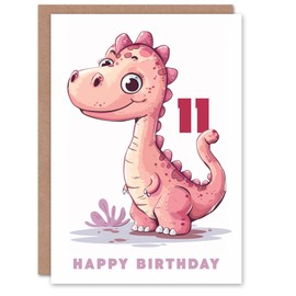 Artery8 11th Birthday Card Cute Pink Baby Dinosaur Cartoon Kids Age 11 Year Old Child For Son Daughter Girl Boy Happy Card