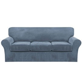 FantasDecor 4 Piece Sofa Cover Stretch Luxury Thick Velvet Sofa Slipcover with 3 Separate Seat Cushion Covers | Couch Covers for 3 Cushion Couch/Living Room, Secure with Straps (Sofa,Stone Blue)