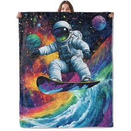 Lugiu Astronaut Space Surfing Blanket, Lightweight Comfy Colorful Cosmic Blankets for Couch Sofa Bedroom, Soft Plush Travel Flannel Throw Blanket Gifts for Adults Kids Women, Home Decor 60×50in