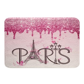 Feelyou Eiffel Tower Bathroom Rugs 16"x24" Glitter Romantic Paris Bath Rugs for Shower Tub for Boys Girls Ombre Pink Butterfly Bath Mats for Bathroom Modern French Bathroom Accossories(No Glitter)