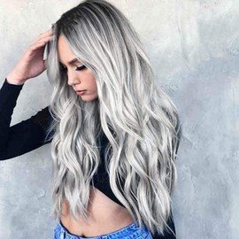 PORSMEER Long Ash Blonde Wavy Wig 26 Inch Ombre Wigs for Women Middle Part Curly Synthetic Hair Natural Looking Heat Resistant Fiber for Daily Party Use,Grey Blond