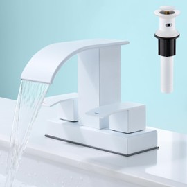 White Bathroom Sink Waterfall Faucet with Pop Up Drain Stopper & Supply Lines, 4 in Centerset Bathroom Vanity Faucet 2 Handles 2 or 3 Holes Faucet for Lavatory Bathroom Basin