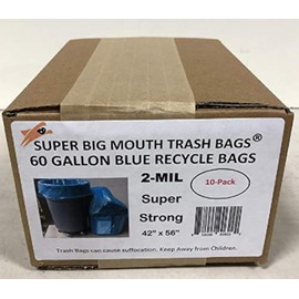 Super Big Mouth Trash Bags® 45-55-60 Gallon BLUE Recycle Trash Garbage Bags 2-MIL 42"W x 56"H - 10 Pack