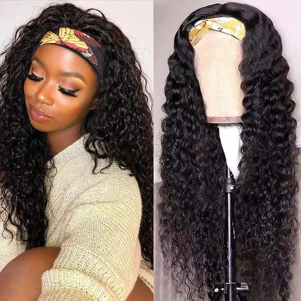 Deep Wave Headband Wigs Human Hair for Black Women 150% Density Brazilian Virgin Human Hair None Lace Front Wigs Machine Made Wigs Glueless Deep Curly Headband Human Hair Wig (22 Inch)