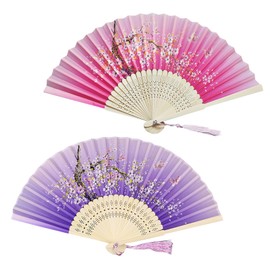 Ciomiliaro Pack of 2 hand fan fans, folding fans with tassel, hand fans, hand holding fans, folding fans for wall decoration, gifts, wedding (pink and purple)