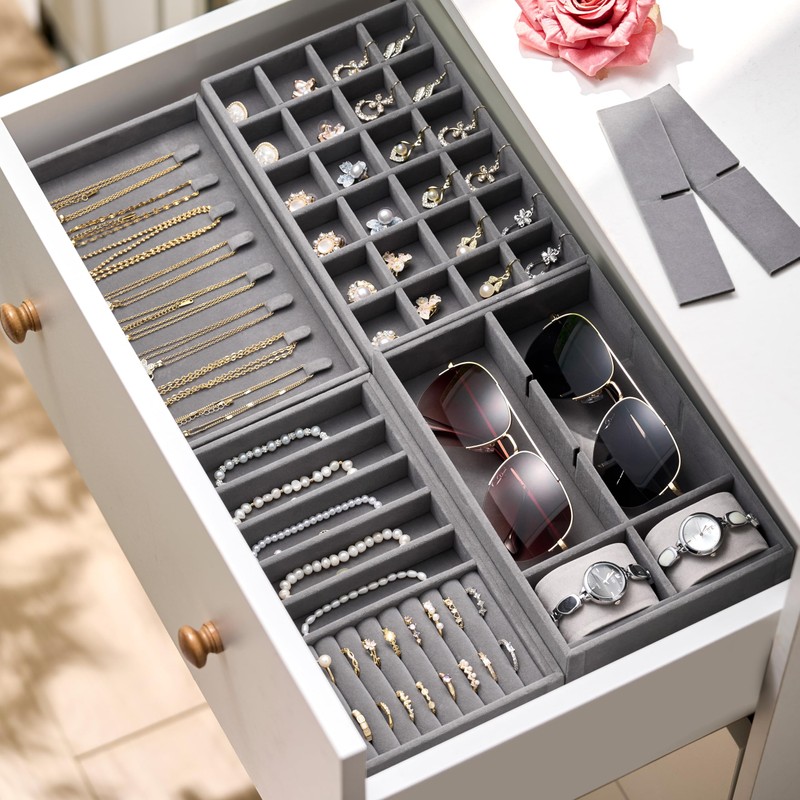 Velvet Jewelry Drawer Organizer Trays – Grey Stackable Jewelry Storage
