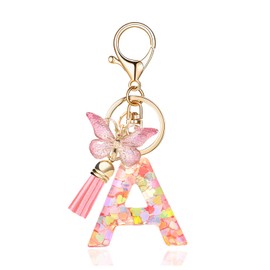 OKAICEN Fashion Alphabet Initial Letter Keychain Tassel Butterfly Pendant Key Ring for Purse Handbags Women Girl, Pink Butterfly Letter a, One Size