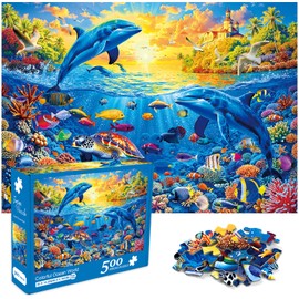 crowm 500 Pieces Puzzle for Adults, Colorful Ocean World Jigsaw Puzzle Sea Turtle and Dolphins Underwater Scene Jigsaw Puzzles Ocean Landscape Art Nature Difficult Challenging Home Decor