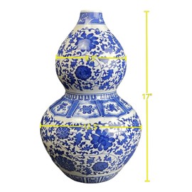 17" Classic Blue and White Porcelain Gourd-Shaped Vase, China Ming Style, Happiness, Good Fortune, Fengshui, Jingdezhen, Free Wood Base