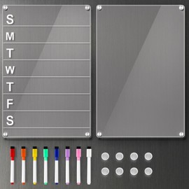 2 Pack 12''*8'' Acrylic Magnetic Planning Board Set, Clear Weekly Meal Planner with Whiteboard Memo, Menu Board for Kitchen with 8 Color Markers, Dry Erase Board for Shopping Grocery List/to Do List