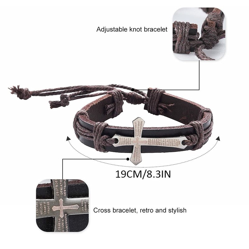 Branets Mens Leather Bracelet Bible Text Cross Bracelet Adjustable Wristband