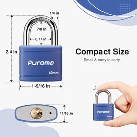 Puroma Keyed Padlock with 2 Keys Alike, 1.1 Inch Locker Lock 40mm Heavy-Duty Locks for Gate Fence Hasp Cabinet Toolbox School Gym Locker (Blue)