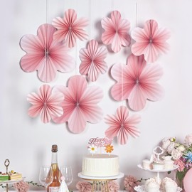 EASY JOY 9 Pcs Pink Paper Flowers Decorations for Wall Hanging Paper Fans Party Decoration Pink Paper Floral Backdrop Decor for Birthday Weeding Spring Summer Garden Tea Party