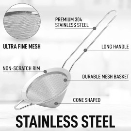 Zulay Kitchen Kitchen 304 Stainless Steel Fine Mesh Strainer For Kitchen Sieve Sifters Silver