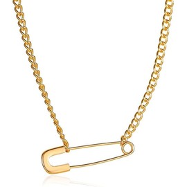 Safety Pin Necklace for Women Paperclip Chain Necklace Dainty Choker Charm Necklace Crystal Cuban Link Chain Necklace Punk Hip Hop Rock Necklace Vintage Jewelry Gift (Gold)
