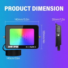 PICAA 30W Smart RGB LED Floodlight, 3000LM Outdoor +16 Million Colors, Wireless APP Control, Music Sync, Timer, Scene Modes, IP66 Waterproof, Disco Party Garden Lighting with UK Plug(1 Pack)