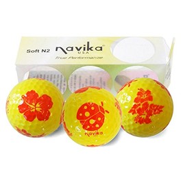 Navika Golf Balls- Ladybug and Tropical Flower Multi-Imprint on Bright Yellow High Visibility Color (3-Pack)