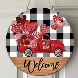 Baokcotei Valentine Wreath for Front Door, Valentines Truck Door Hanger, Valentines Day Door Decor Door Sign 12Inch Buffalo Plaid Valentines Wall Decor Porch Decor, Valentines Welcome Sign