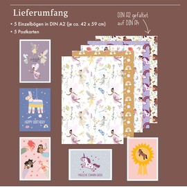 dabelino® Wrapping Paper for Children/Girls, Set: 5 Sheets + 5 Cards (Horses, Unicorn, Mermaid, Elves, Lama Pinata) | For Any Occasion, School Enrolment, Eco Recycled Paper Sustainable