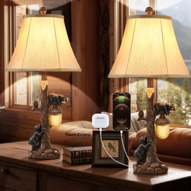 LOKHOM Rustic Western Bear Table Lamp with Nightlight Set of 2, 26“ Rustic Bedside Lamp with USB & Type C, Touch Control Natural Bears Table Lamp for Bedroom Living Room Foyer Office