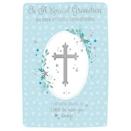 Special Grandson First Holy Communion Card, Silver Cross Design, 13 x 19 cm