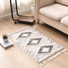 JaeMoose Boho Runner Boho Kitchen Rug Bathroom Farmhouse Runner Tufted Moroccan Cotton Geometric Sink Runner with Tassels Washable (Grey, 60x130cm)