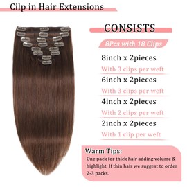Clip in Hair Extensions Real Human Hair Clip in Extensions for Women Seamless Invisible Chocolate Brown Natural Remy 100% Human Clips ins Extension 8pcs Double Weft 22 inch 4oz/110g