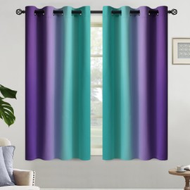 Yakamok Teal and Purple Blackout Curtains, Ombre Full Room Darkening Window Curtains for Living Room,Grommet Thermal Insulated Drapes,Light Blocking Curtains for Girls Bedroom,52x54 Inch, 2 Panels