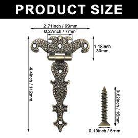 Aifeier ET 6Pcs Vintage T-Shape Hinge, 4-1/2" x 2-3/4" Antique Bronze Decorative Hinges, Carved Alloy Hinge with Screws for Small Wooden Box, Jewelry Box, Cupboard, Gate Cabinet, Wardrobe