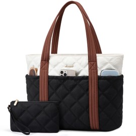 LOVEVOOK Laptop Tote Bags for Women, Lightweight Puffer Handbag for School, Large Work Handbags Ladies Tote Bag with Zip, Quilted Shoulder Bag for College Shopping Work Travel Gym Beach