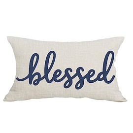 Cariwotan Blue Word Art Blessed Friends Family Thanksgiving Day Decorative Lumbar Pillowcase Throw Pillow Cover Case Chair Sofa Bed Home Decoration Cotton Linen Rectangular 12 x 20 Inches