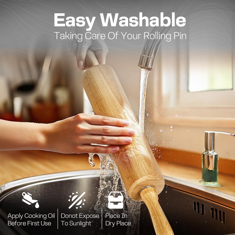 HelferX All-Purpose 17.6 Inch Beech Wood Non-Stick Rolling Pin -