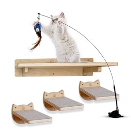 Snuggle & Play Cat Wall Shelves with Suction Cup Wand – 3 Mounted Steps, Climbing Wall Shelves and Furniture with Cat Wand
