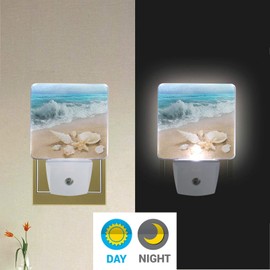 Ocean Beach Summer Night Light Set of 2 Starfish Seashell Sea Nightlights Plug-in LED Nightlight Auto Dusk-to-Dawn Sensor Lamp for Bedroom Bathroom Kitchen Hallway Stairs