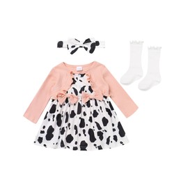 FYMNSI Newborn Infant Baby Girl Outfit Cow / Flowers Printed Long Sleeve Romper Dress Headband Socks Set, Pink Cow, 9 - 12 months