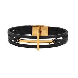 Magna Steel Men's Multi-Strand Genuine Leather Bracelet with Stainless Steel Classic Cross Pendant, Gold