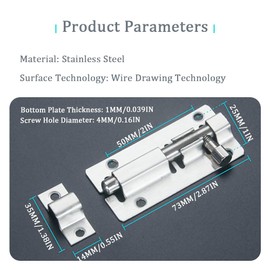 YUHENGCT Door Latch Lock, Stainless Steel Door Lock Latch, Door Bolts,Premium Barrel Bolt Latch,Thickened Door Bolt Lock,3 Inch Slide Bolt Latch with 6 Screws.