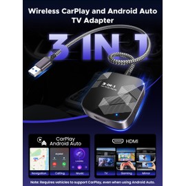 3-in-1 Wireless CarPlay Adapter 2026, Convert Wired to Wireless Apple Car Play/Android Auto or HDMI for Fire TV Stick [Metal&Glass Case] Screen Mirroring, Car TV Mate Pro Max, Fit for 2016+ Cars-Black