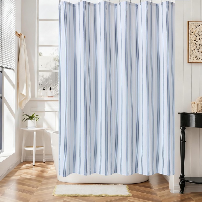 ORTIGIA Textured Fabric Shower Curtain-Blue Striped, 72x72 Inch Yarn Dyed