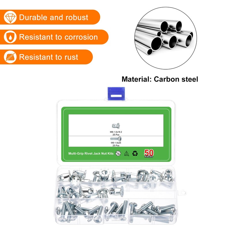 sourcing map 50Pcs Multi-Grip Rivet Jack Nut, M6-1.0x18.2 Carbon Steel