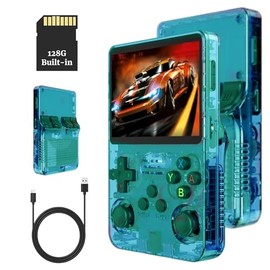 Bewinner R36s 3.5 Inch Retro Gaming Console, 21000+ Games Retro Handheld Game Console, Video Game Console with Dual Stylem Linux/Garlic Supports & Dual 3D Joysticks (Transparent Green) (128G)