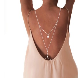 Pearl Backdrop Necklace for Backless Dress Back Necklace Bridal Long Gold Drop Back Chain Body Jewelry (Silver)