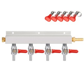 Ferroday 4 Way Gas Manifold 5/16" Barbed Integrated Check Valves CO2 Distributor Independent Shut Off 4 Way CO2 Manifold Gas Distributor for Home Brew Beer Gas Manifold Kegerator Manifold + 5 Clamps