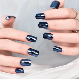 Metallic Mirror Dark Blue Press on Nails Squoval Short Nails Fake Fingernails Glossy Salon Manicure Nails Art Tips Salon False Nails Glue on Nails for Women Girls 24pcs