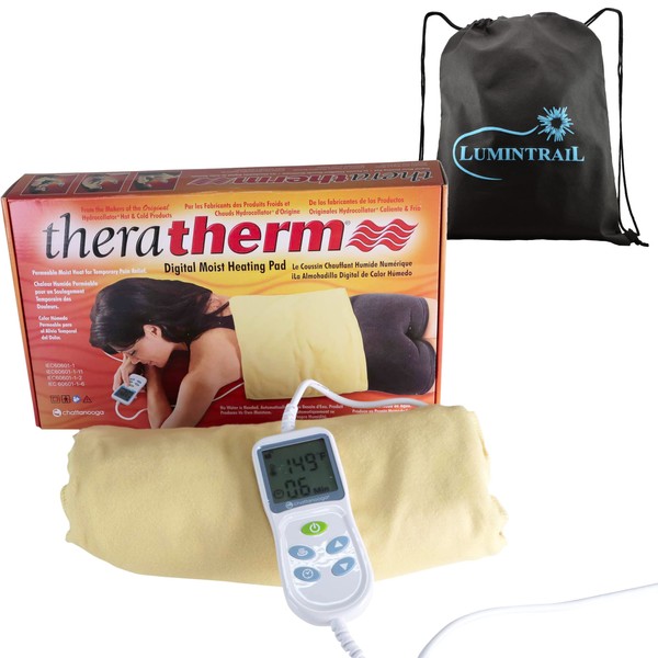 Chattanooga TheraTherm Digital Moist Heating Pad for Temporary Pain Relief, Standard Size 14" x 27", with a Lumintrail Drawstring Bag