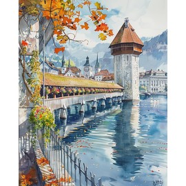 BelulaArt Lucerne Watercolor Wall Art Home Decor Print, Switzerland Print, Chapel Bridge Print, Lake Lucerne, Lucerne Travel Print, Housewarming Gift, 11x14