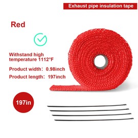 Auto Exhaust Wrap for Motorcycle, 16FT Titanium Fiberglass Hose Heat Shield Roll Sleeve with 4PCS Stainless Ties, Universal for Car Wire Loom Brake Line Cable Protection (Red)